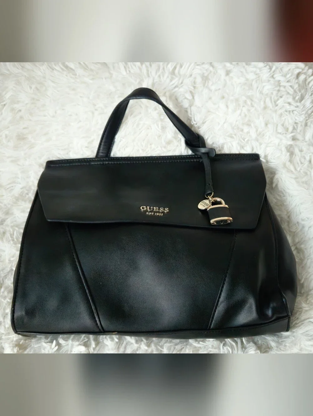 GUESS Shawna Black Faux Leather Logo Top Handle Satchel